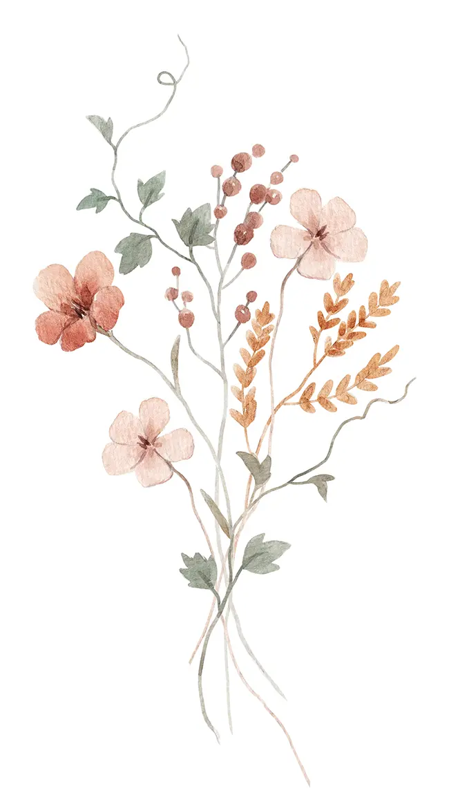 umber watercolor flowers, berries, and stems